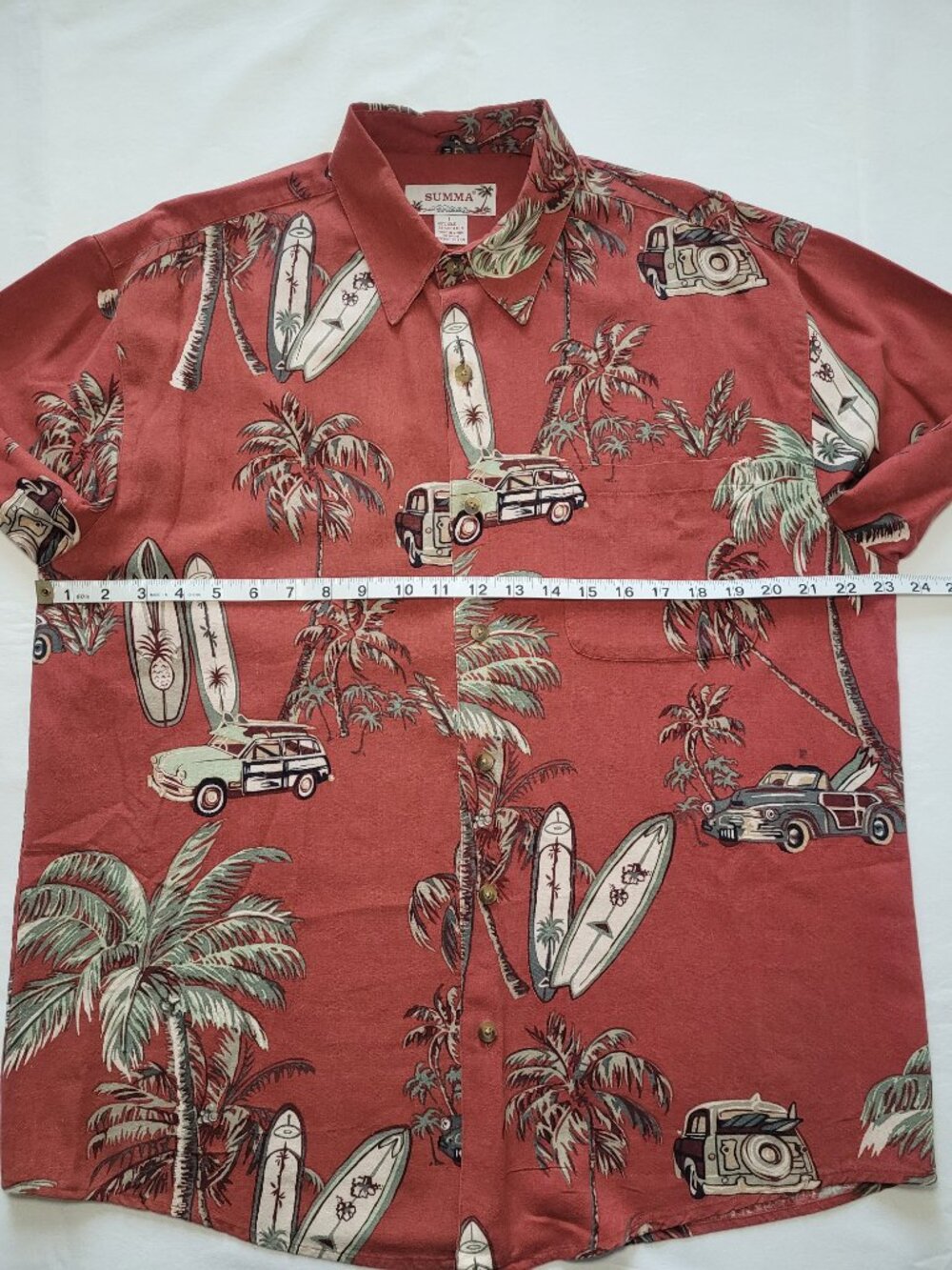 Summa Red Hawaiian Silk Blend Shirt Surfboard Woody Wagon Print Mens Large - Picture 6 of 9